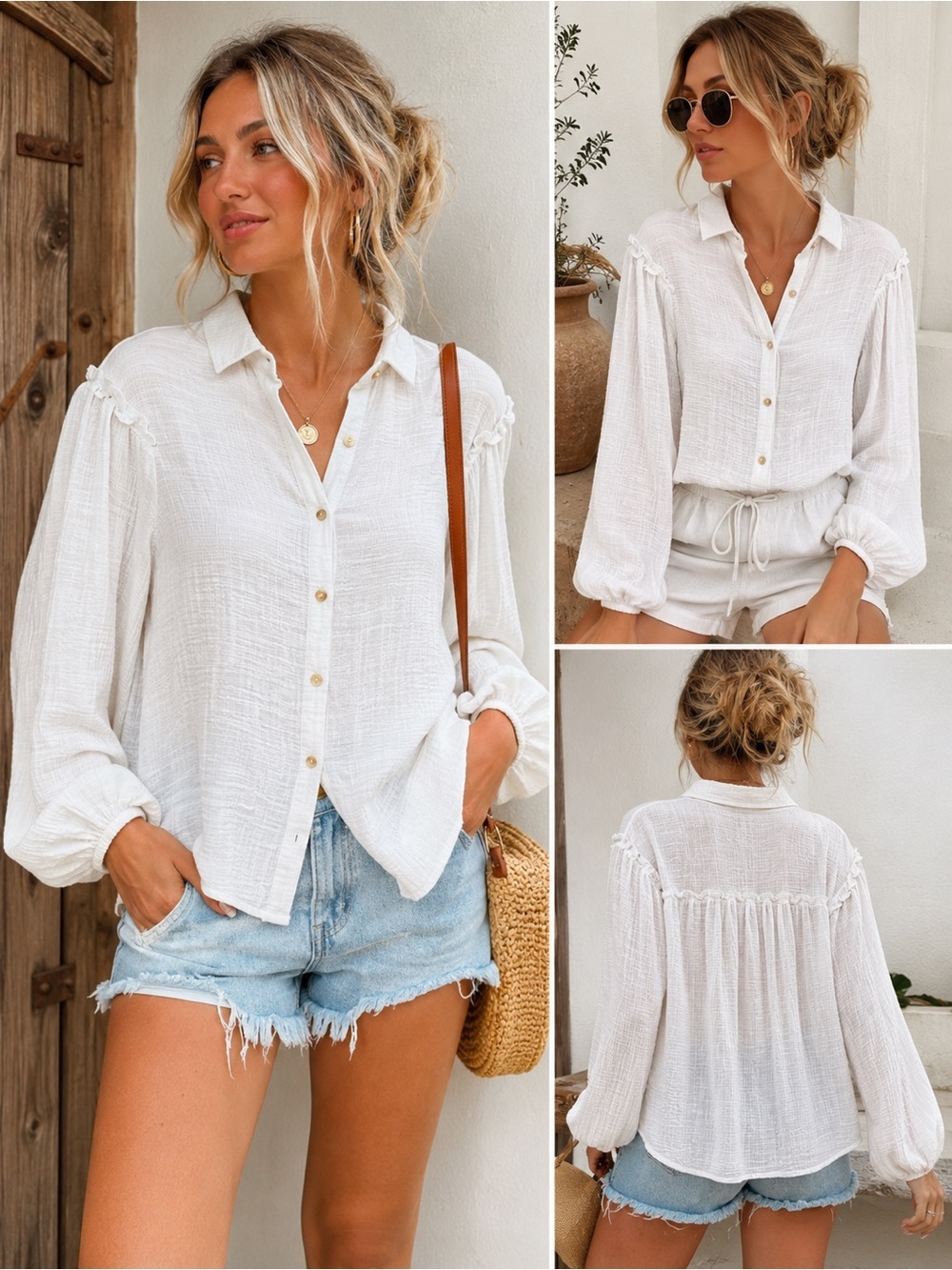 Free People White Textured Gauze Button-Front Blouse XS (Fits S)